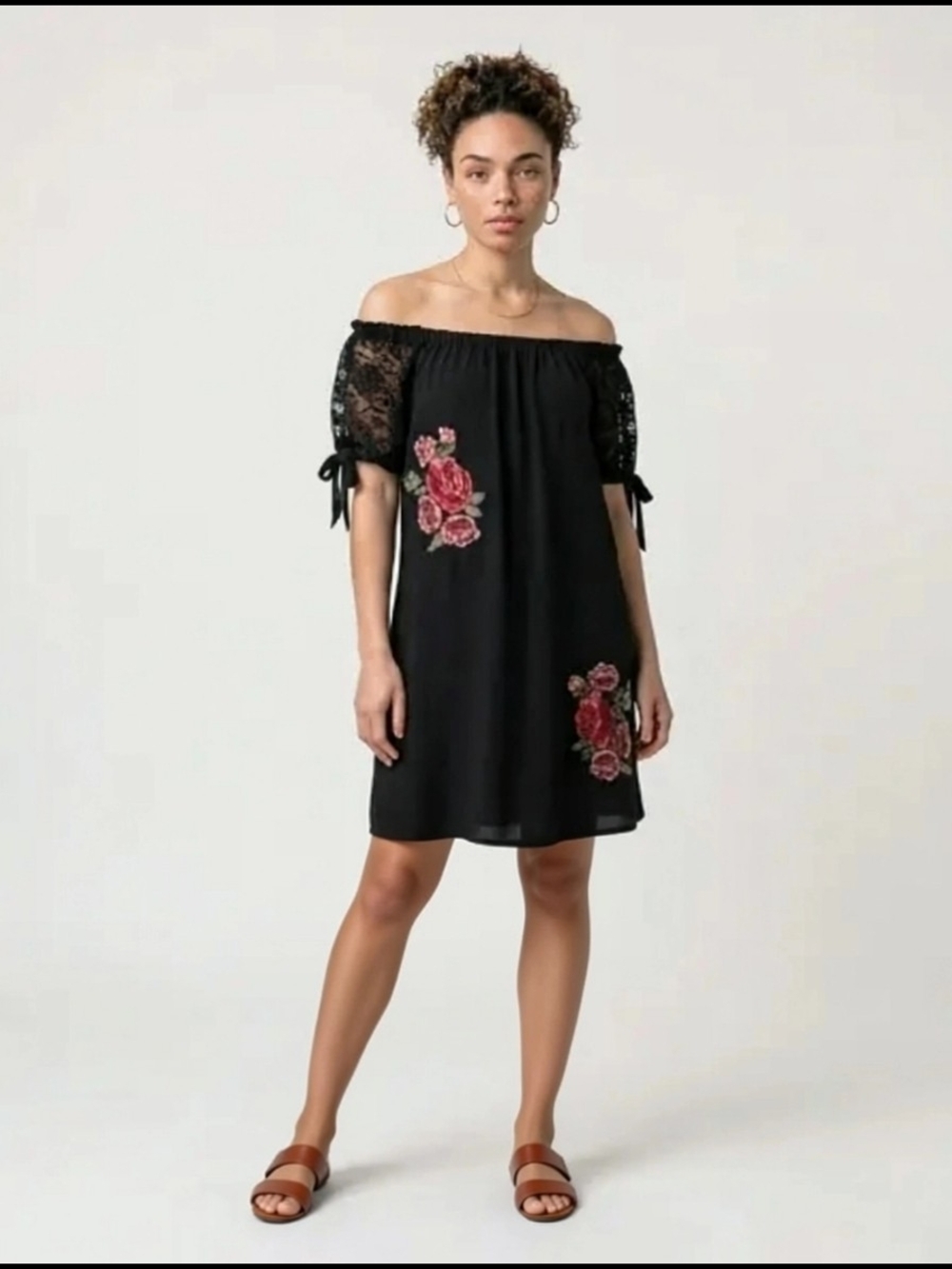 Fashion Magazine Black  Dress with Pink Floral Embroidery
